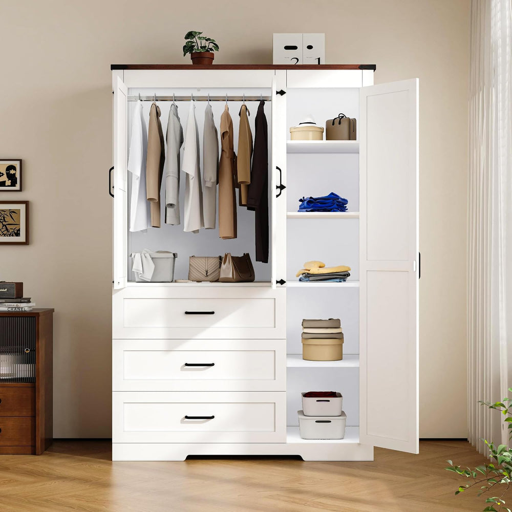70" Tall Wardrobe Closet with 3 Doors & 3 Drawers, Farmhouse Armoire...