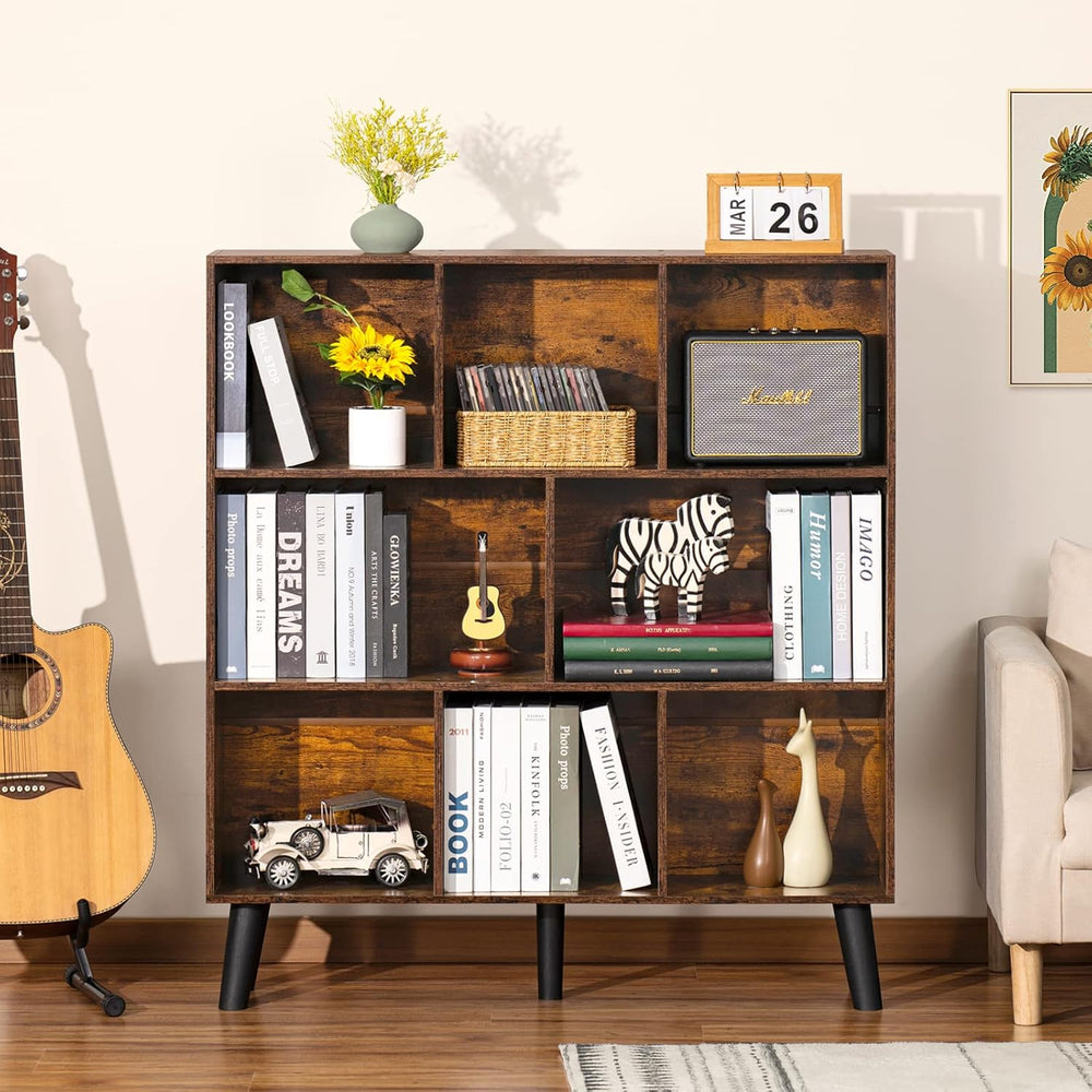 LEYAOYAO 8 Cube Bookshelf,3 Tier Bookcase with Legs,Rustic Brown Mid-Century ...