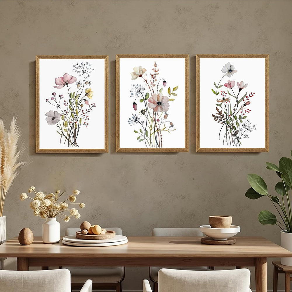 WRFON Framed Botanical Canvas Wall Art Set of 3, Watercolor Floral Prints, Fr...