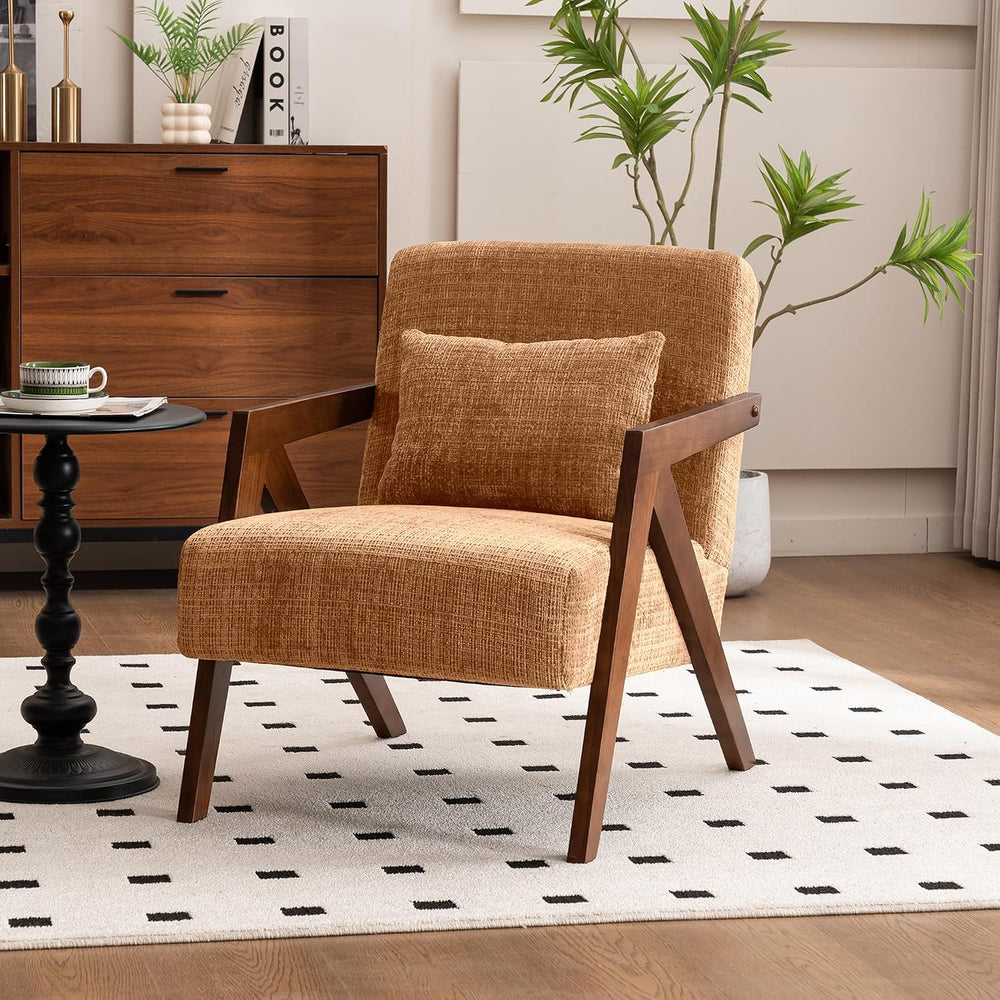 Mid-Century Modern Accent Chair with Solid Wood Frame,Upholstered Chenille Li...