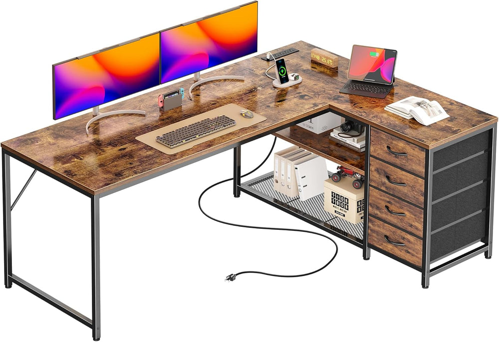 PRAISUN 61" L Shaped Desk with Power Outlets and USB-C Port, Reversible ...