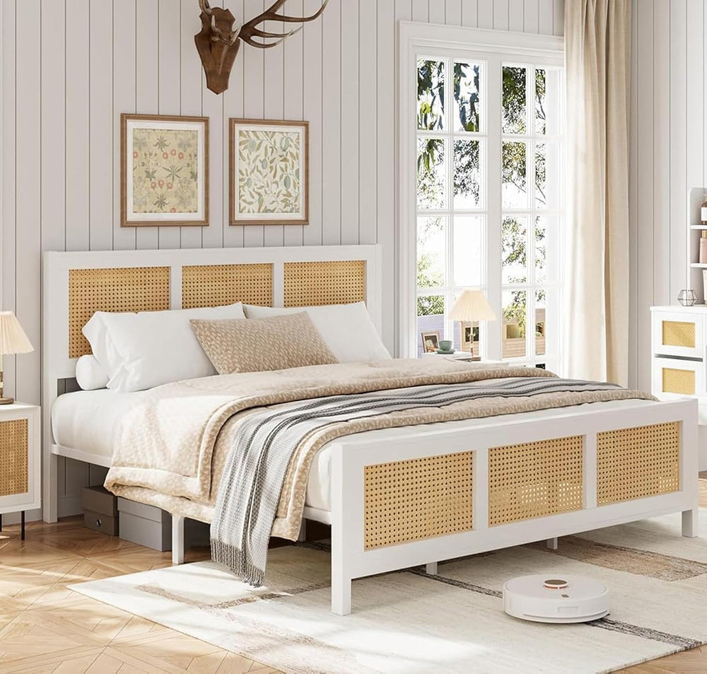 Garvee Rattan Bed Frame with Headboard, Bohe Platform Full Size Bed Frame wit...