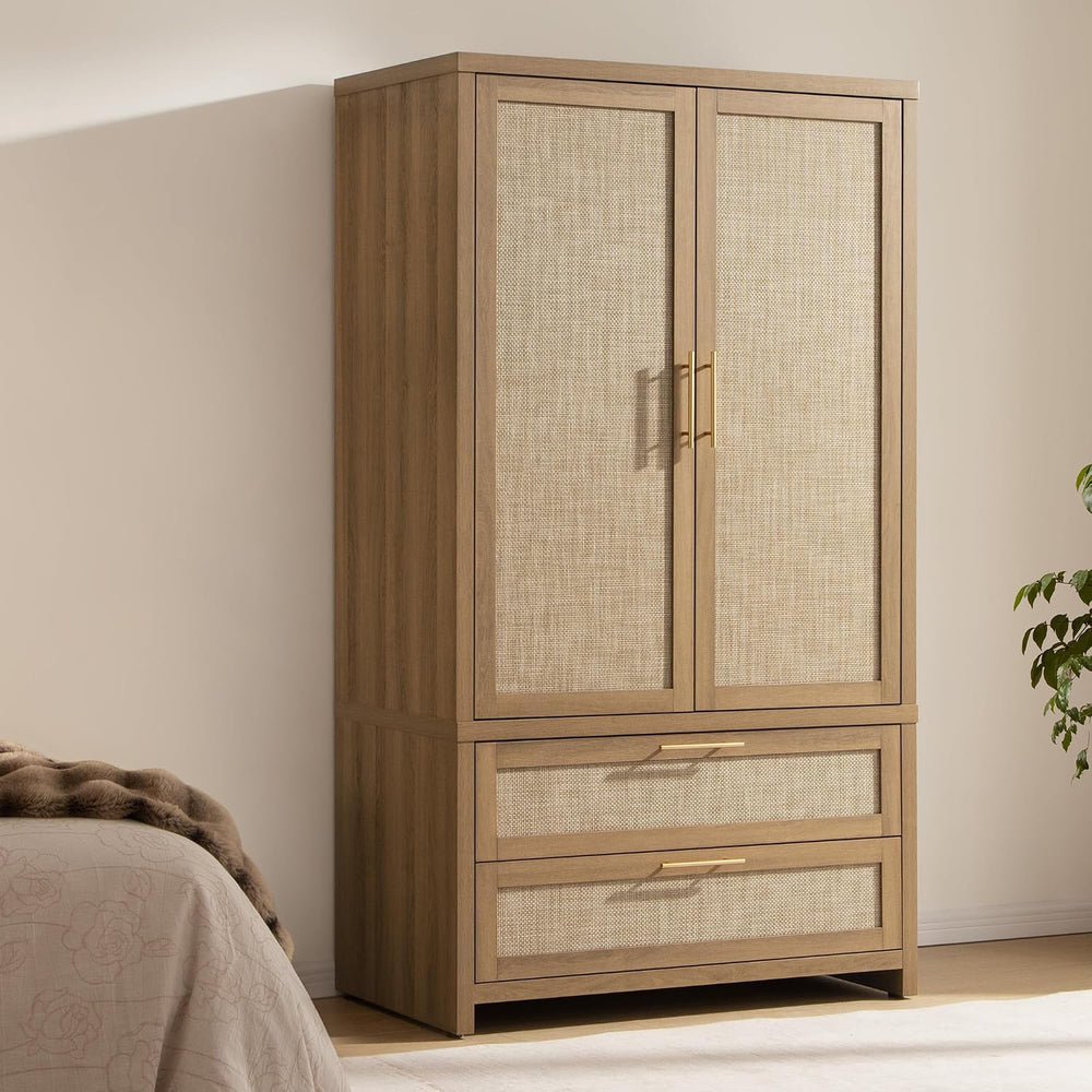 SICOTAS Rattan Armoire Wardrobe Closet : 71 inch Wardrobe with Drawers