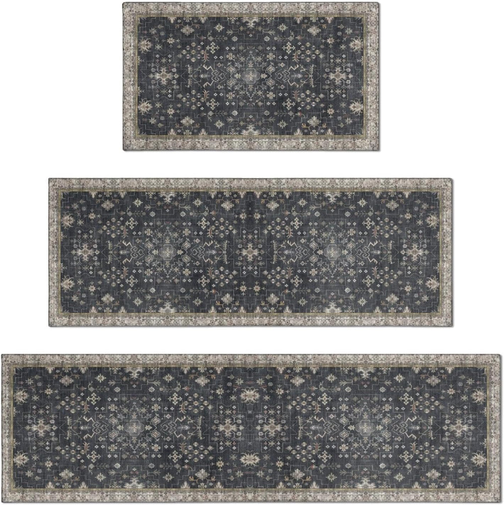 Black Boho Kitchen Rugs Set of 3, Non-Slip Machine Washable Kitchen Floor Mat...