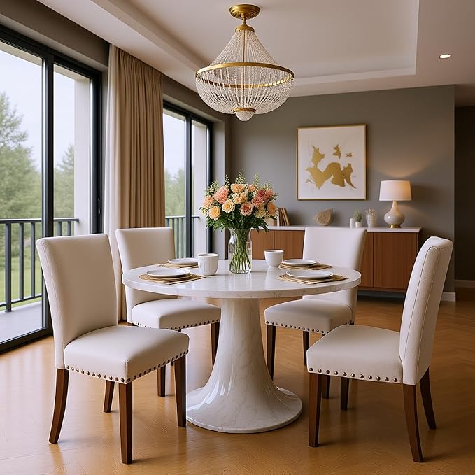 Set of 6 Beige Upholstered Dining Chairs – Farmhouse Kitchen Chairs with High...