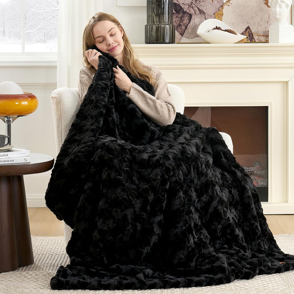 Cozy Bliss Faux Fur Throw Blanket for Couch, Fuzzy Soft Plush Thick Warm Fluf...