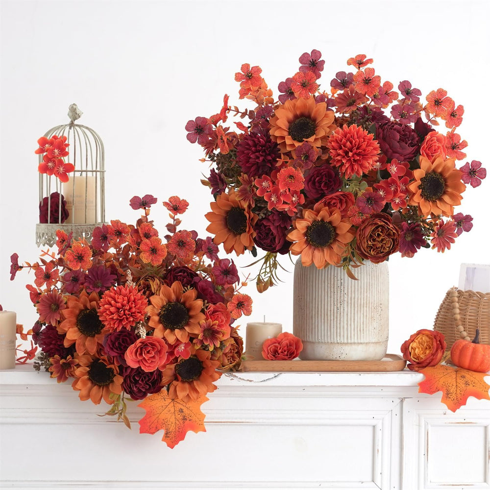 Mixed 10 Pcs Fall Artificial Sunflower Peony Bouquet, Burnt Orange Burgundy S...