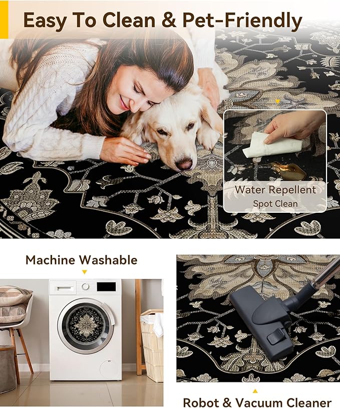 Area Rugs 4ft Washable Non-Slip, Floral Vintage Distress Print Pattern