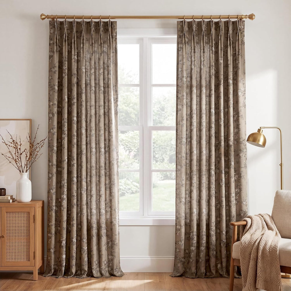 StangH Brown Linen Pinch Pleat Curtains Floral Fall Decor 96 Inches