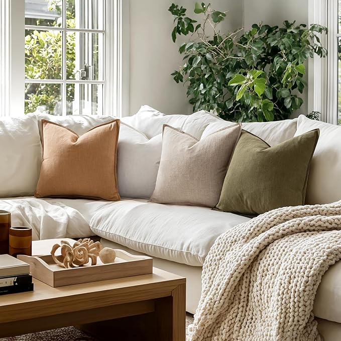 MIULEE Brown Linen Pillow Covers Pack of 4 Decorative Natural Solid Throw