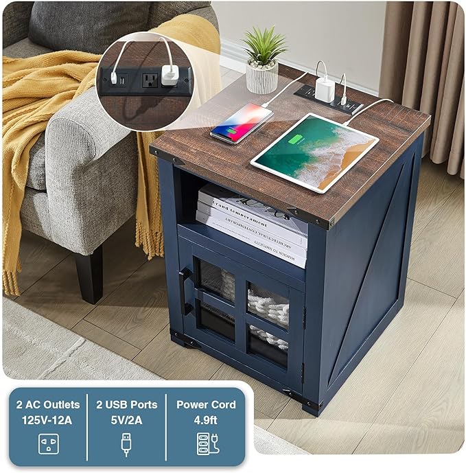 Farmhouse Nightstand with Charging Station, Rustic End Table with Tempered Gl...