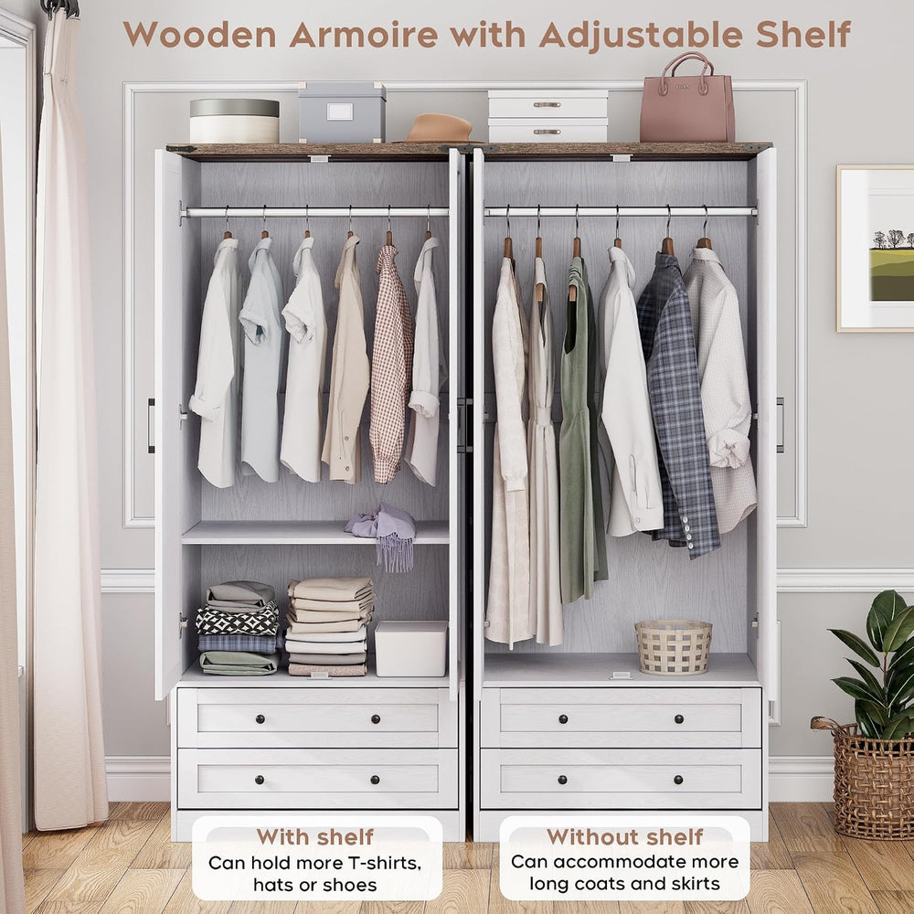 Brafab Wooden Armoire Wardrobe Closet with Drawers, White, Set of 2
