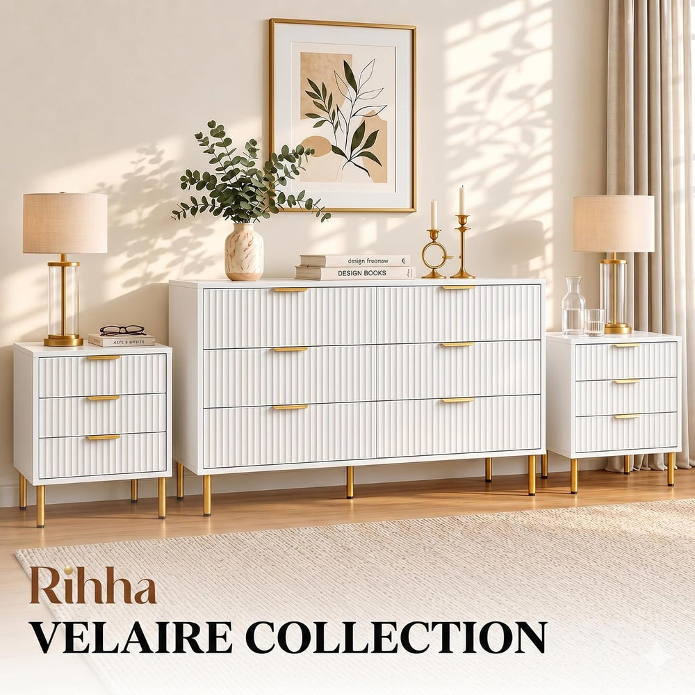White and Gold 3-Piece Fluted Dresser and Nightstand Set for Bedroom