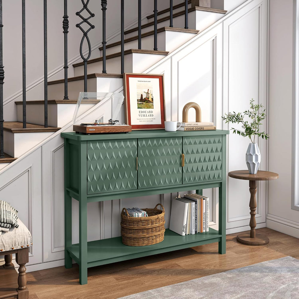 42” Modern Console Table with 3 Diamond Doors & Shelf for Entryway, Green...