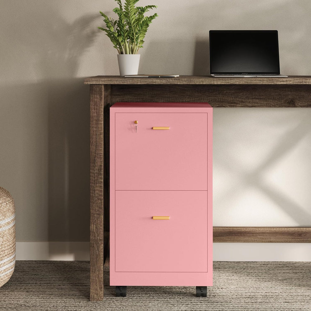 Lavish Home 2-Drawer Wooden File Cabinet with Lock, Pink, 16” x 27” | Rolling...