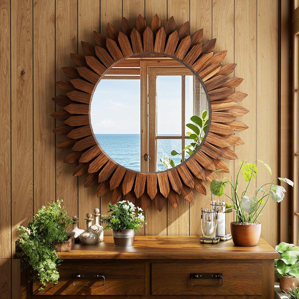 28" Walnut Round Sunburst Wooden Mirror Boho Rustic Wall Decor