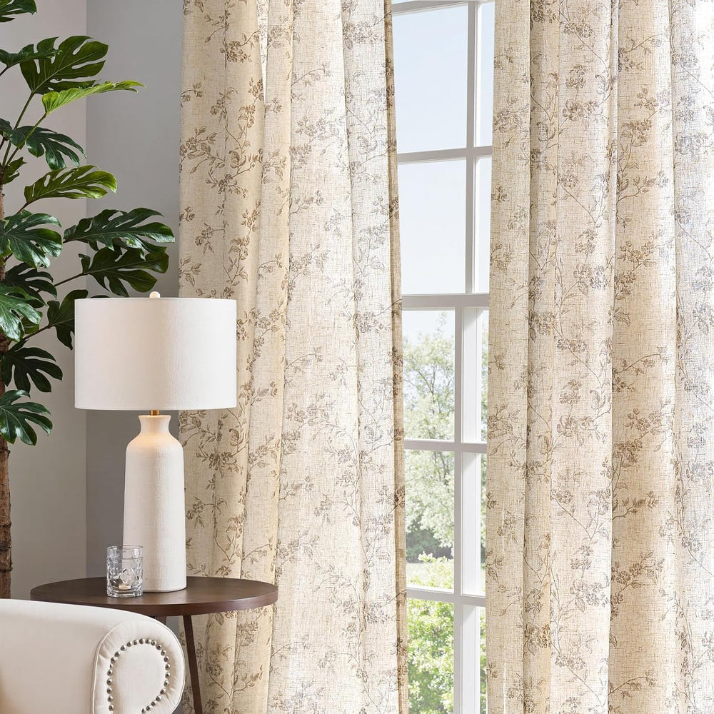 jinchan Taupe Floral Linen Curtains 84 Inch Farmhouse Back Tab 2 Panels