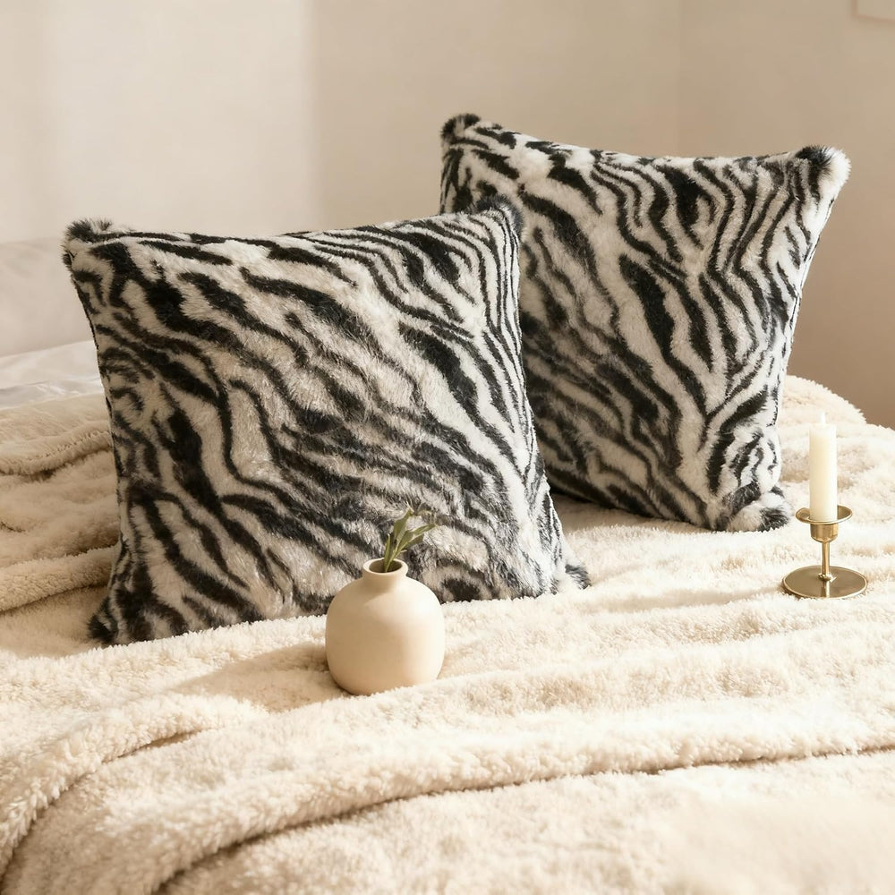 Black White Square Pillow Cover Soft Fluffy Fuzzy Faux Fur Zebra Stripe Throw...