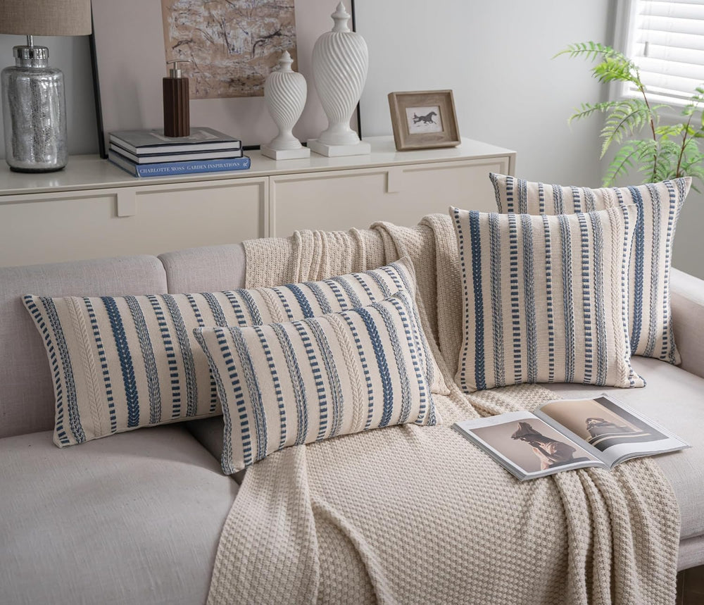 Cethom Blue Boho Lumbar Pillow Covers 14x36 Long, Stripe Textured Decorative ...