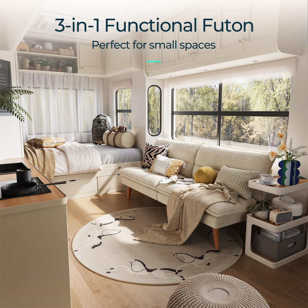LINSY HOME Futon Sofa Bed, Corduroy Futon Couch with 3-Position Adjustable Ba...