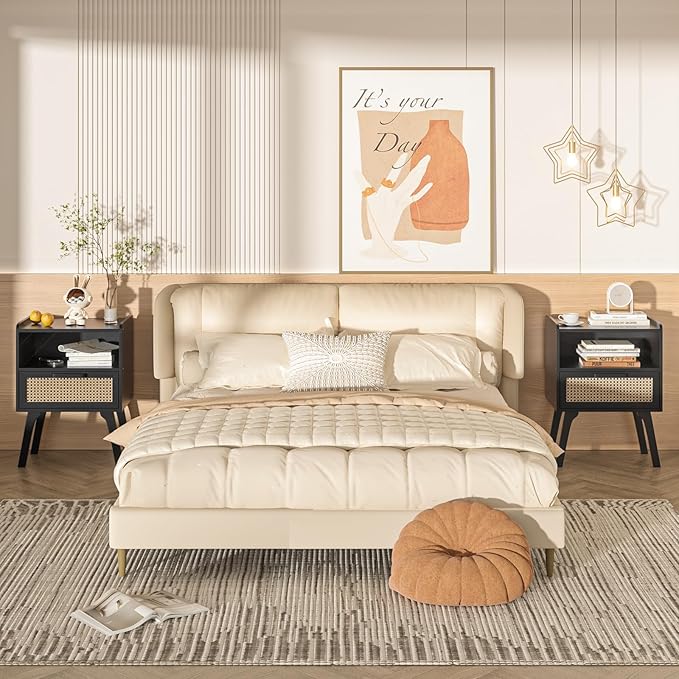 Lerliuo Rattan Nightstands Set of 2, Bedside Table with Drawer Open Shelf, Ca...