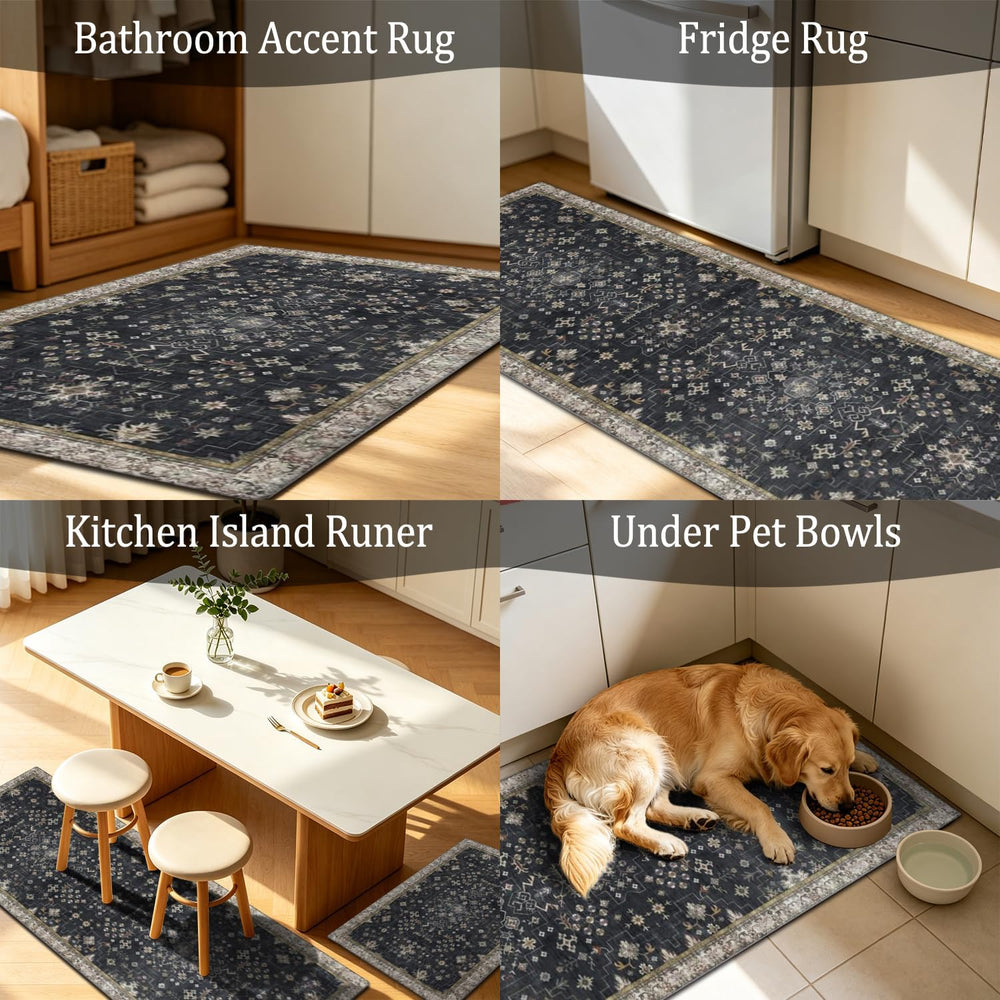 Black Boho Kitchen Rugs Set of 3, Non-Slip Machine Washable Kitchen Floor Mat...