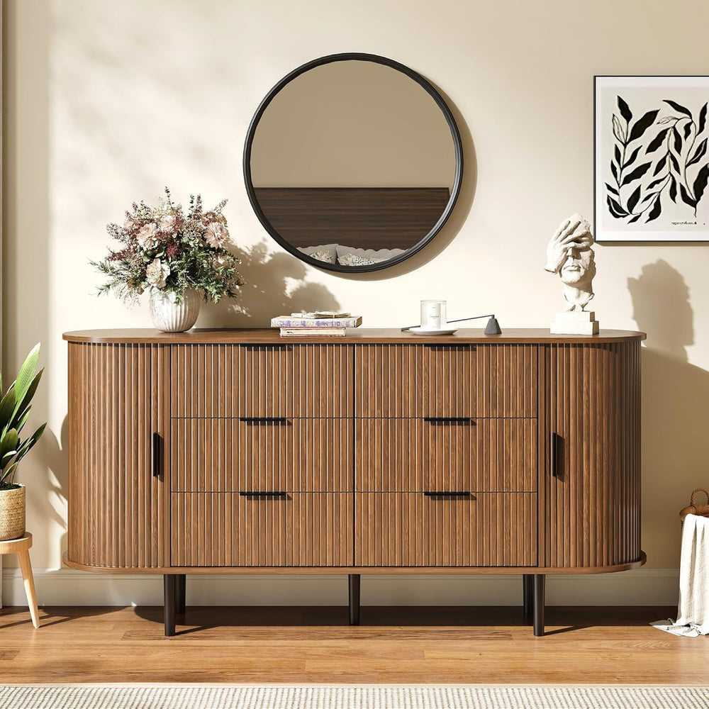 63" Wide Fluted 6 Drawer Dresser for Bedroom, Modern Wood Chest of Drawe...
