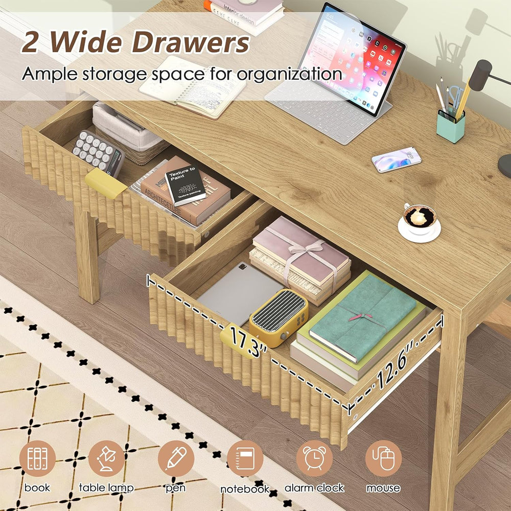 YOMILUVE Fluted Computer Desk with 2 Drawers, 39 Inch Small Computer Desk wit...