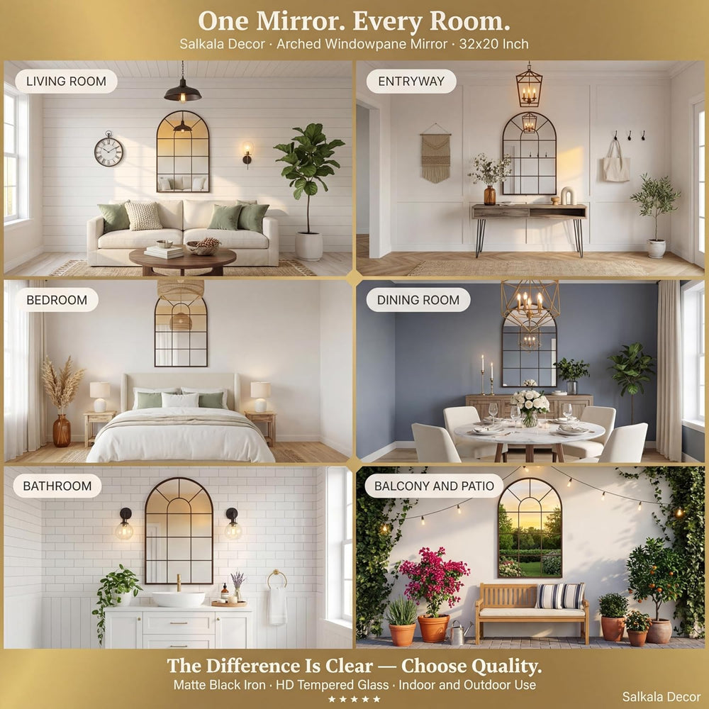 Black Arched Window Mirror | Farmhouse Decorative Wall Mirrors for Living Roo...