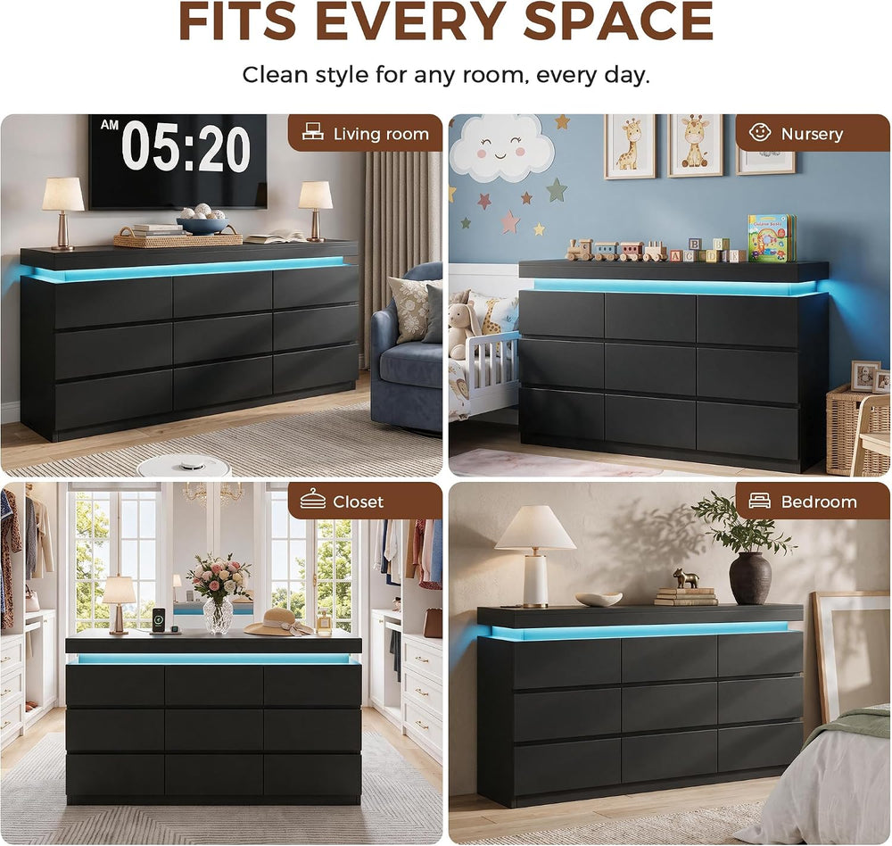9 Drawer Dresser with LED Lights and Charging Station, Modern Black Dresser