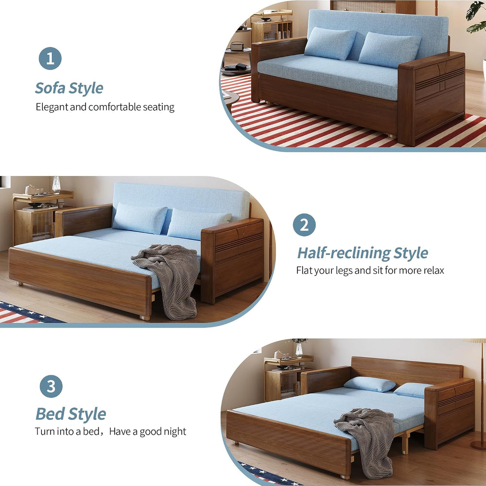 71" Solid Wood Walnut Frame Sectional Sleeper Sofa, 3-in-1 Pull Out Bed