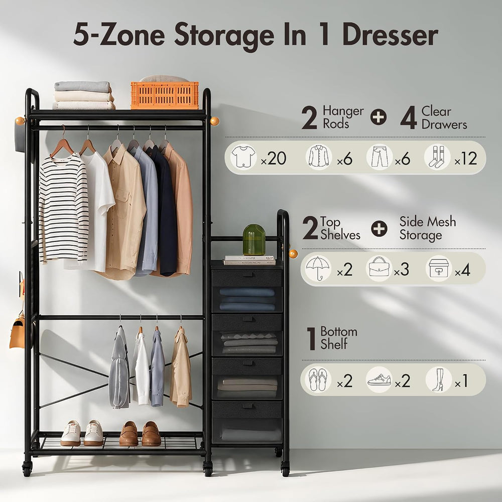 WLIVE Black Dresser with Hanging Rack, 4 Drawer Dresser for Bedroom, Closet