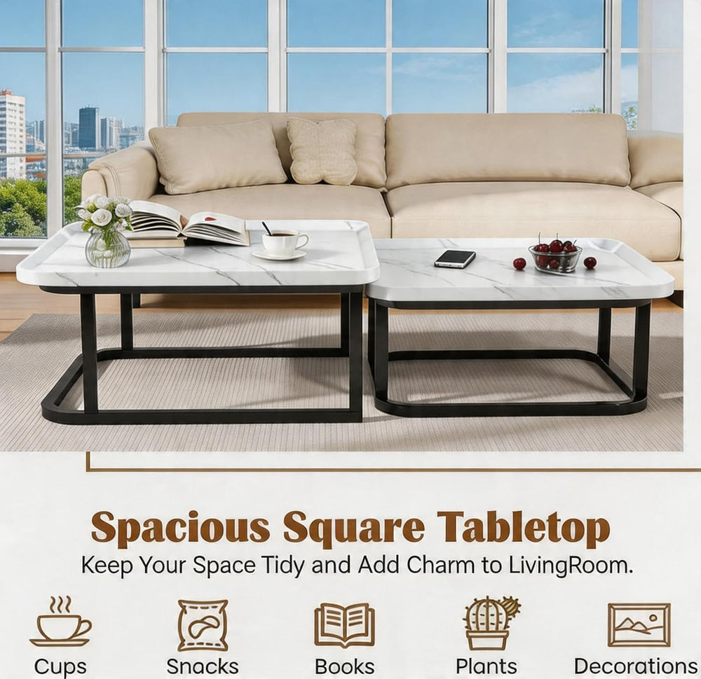Set of 2 Nesting Coffee Tables, Space‑Saving Side Table Set,White | Stackable...
