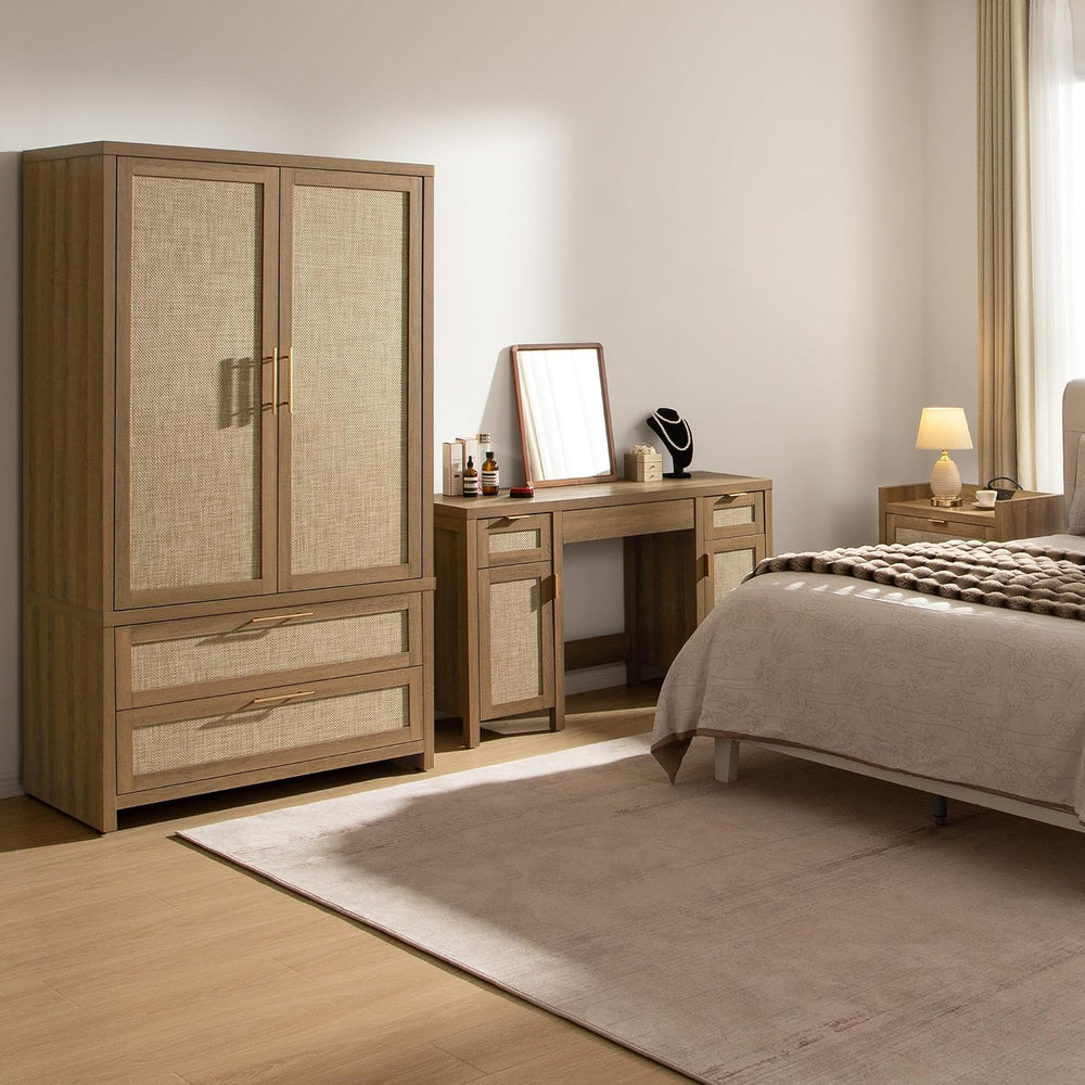 SICOTAS Rattan Armoire Wardrobe Closet : 71 inch Wardrobe with Drawers
