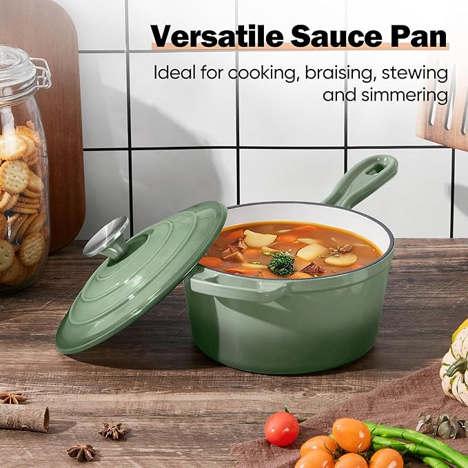 Homikit 2 Quart Saucepan with Lid, Enameled Cast Iron Small Sauce Pan Cooking
