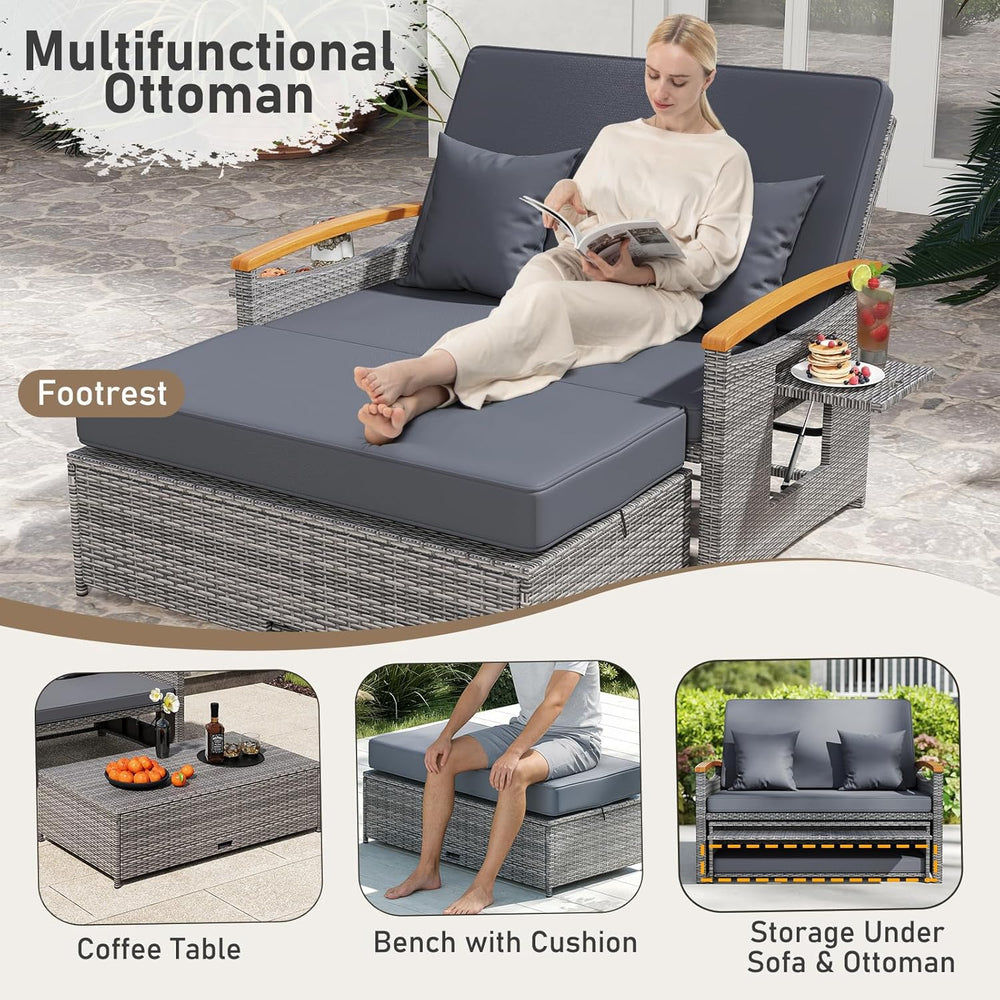 LDAILY Moccha Outdoor Wicker Daybed, Patio Rattan Loveseat Sofa w/ 4-Level Ad...