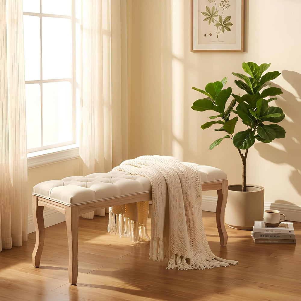 French Country Linen Bedroom Bench with Solid Wood Legs, 43.3" Button-Tu...