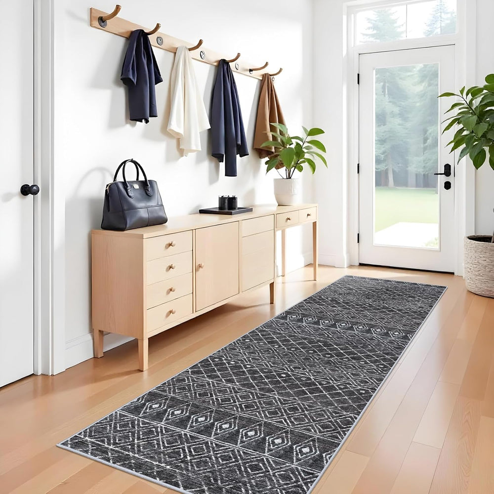 3x10 Washable Moroccan Non Skid Rug:Kitchen Runner Rugs for Hallways Black