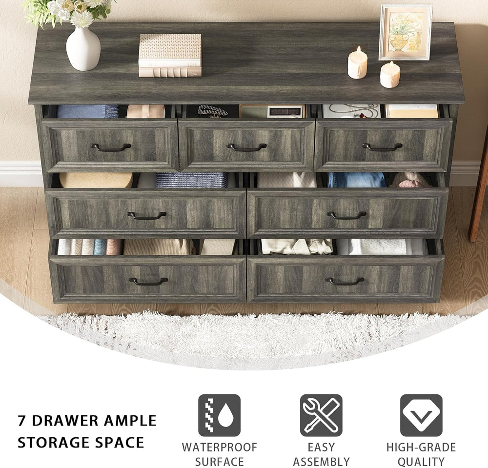 Farmhouse 7 Drawer Dresser for Bedroom, 55" Grey Dresser with TV Stand