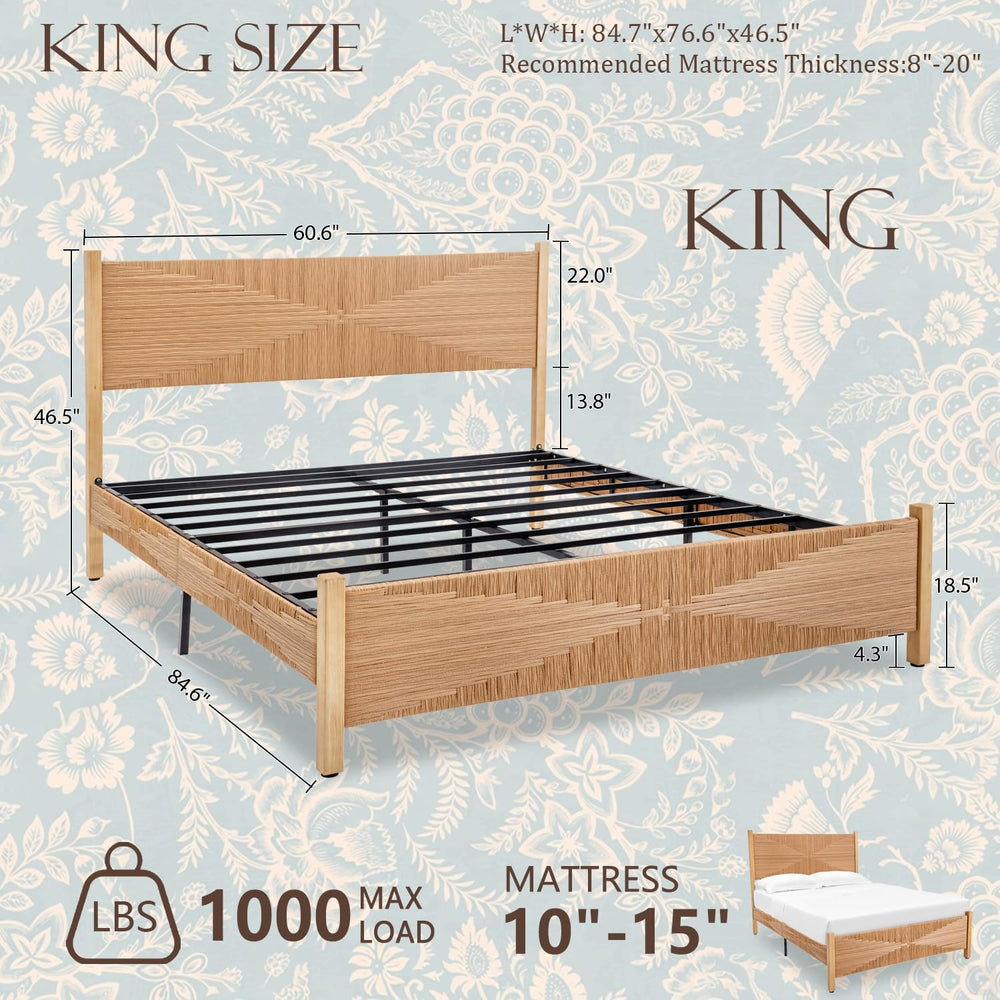 Brafab King Size Rattan Bed Frame, Boho Wicker Headboard, Natural Oak