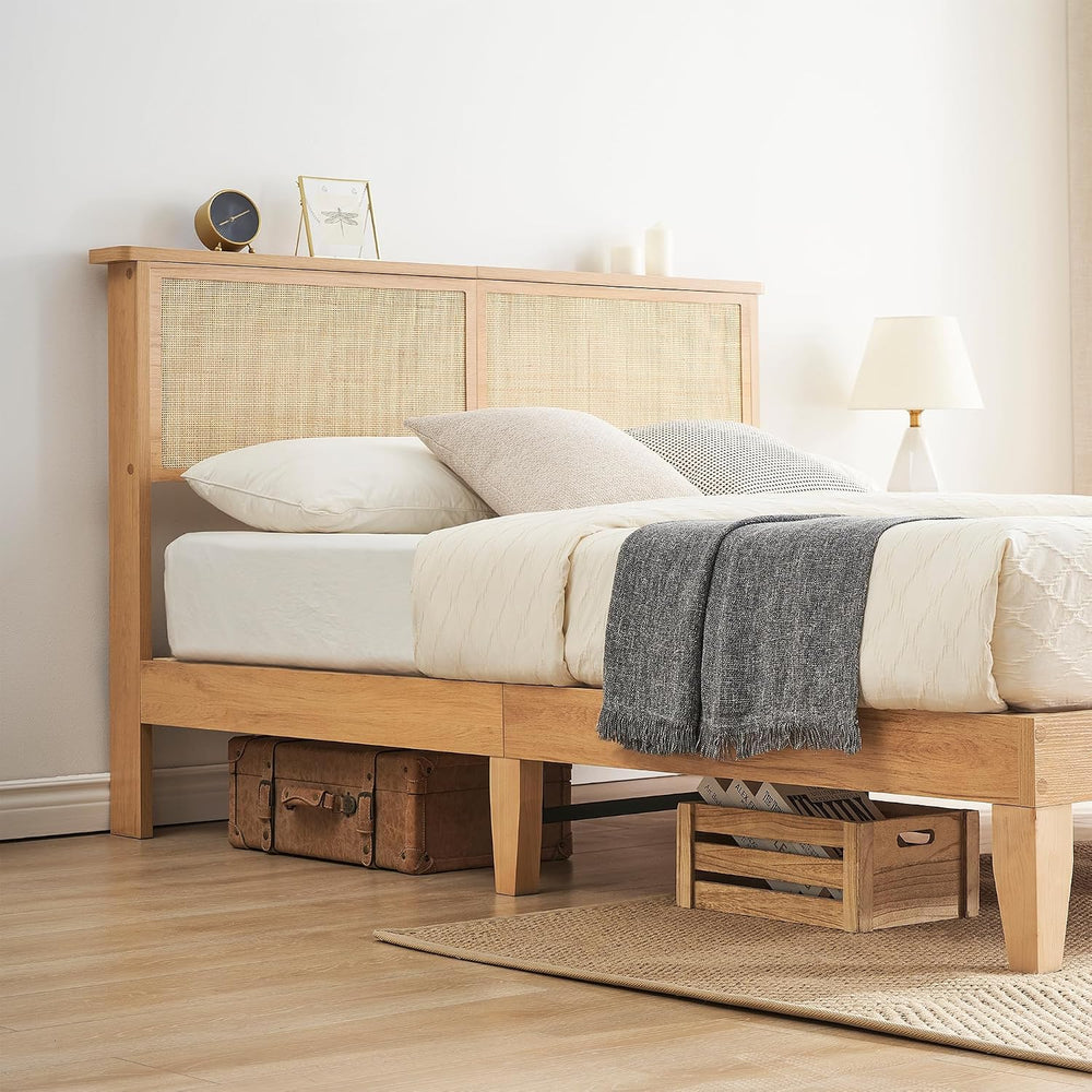 coucheta Bohemian Queen Rattan Bed LED Natural Headboard Bedroom