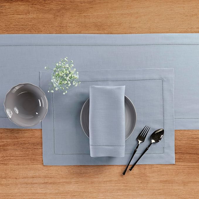 Solino Home Linen Dusty Blue Table Runner 48 Inches - Classic Hemstitch, 100%...