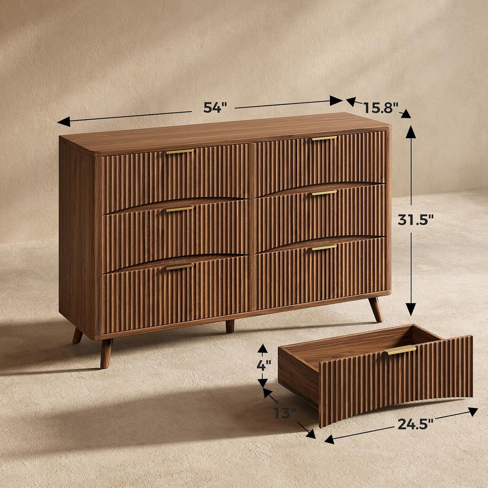Evermagin 54" Curved Fluted 6-Drawer Dresser, Mid-Century Modern Walnut