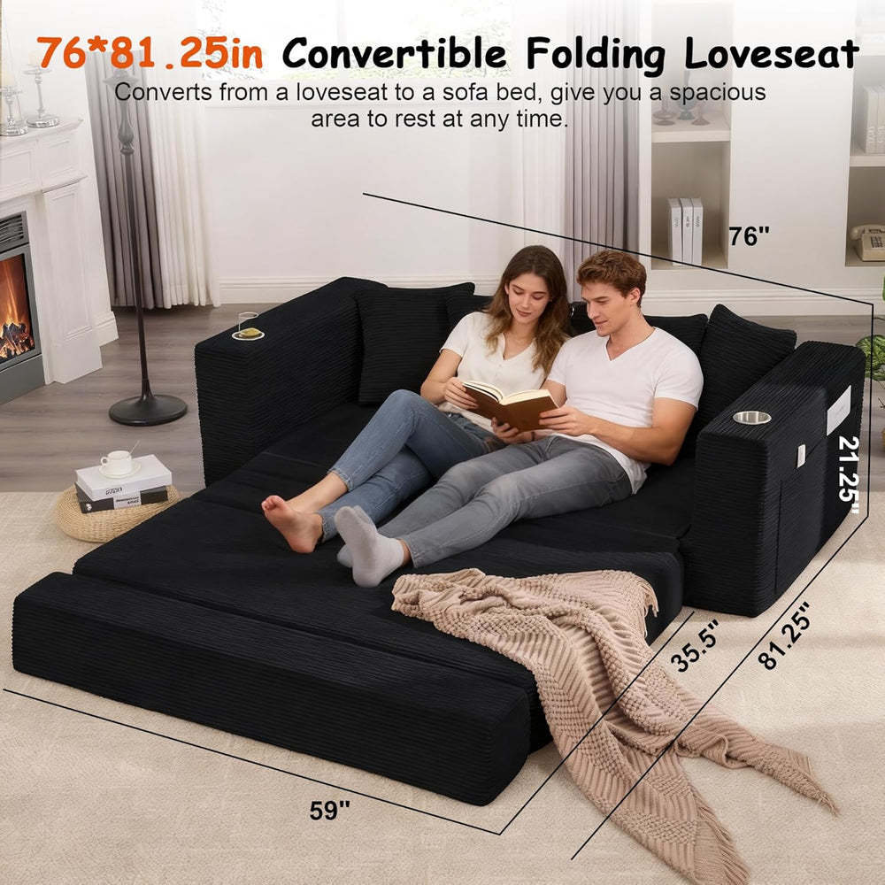 76" Convertible Sofa Bed, Corduroy Boneless Couch with Cup Holders &...