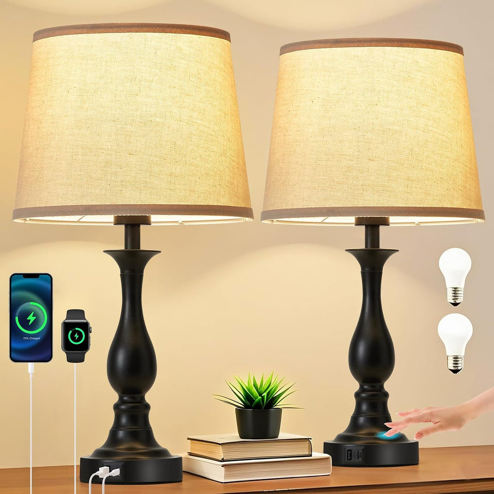 Touch Lamps for Nightstand Set of 2, Bedside Table Lamp USB C+A Ports