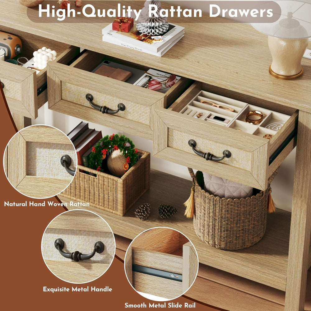 HUAHUU 47.2" Console Table with 3 Rattan Drawers, Long Sofa Table with S...