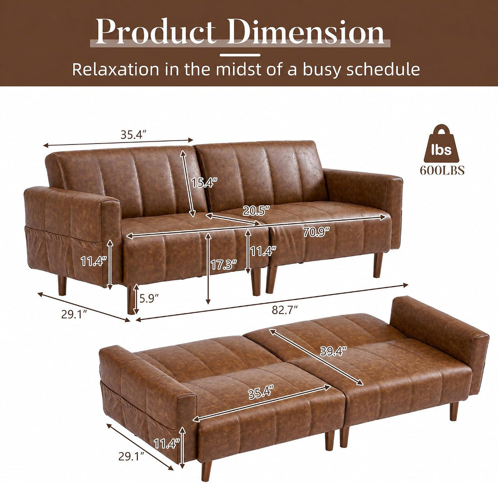 83" Faux Leather Futon Couch,Mid Century Modern Leather Sofa(Brown)