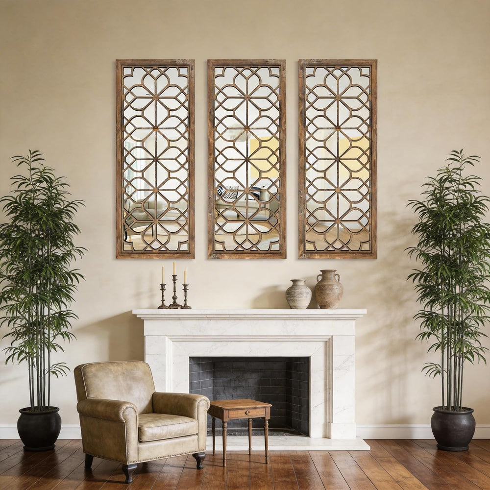 Set of 2 16x41.5 Inch Large Carved Floral Wood Frame Wall Mirrors, Shatterpro...