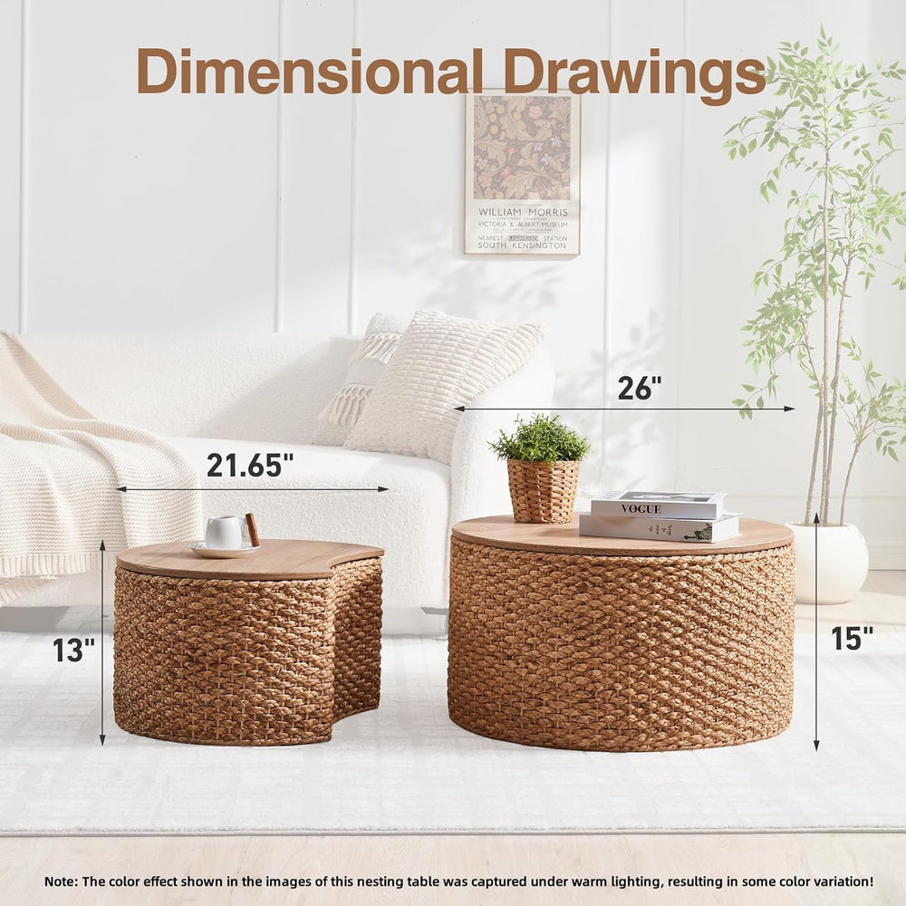 Round Nesting Coffee Table Set of 2 with Storage - Handwoven Wicker Rattan Ot...