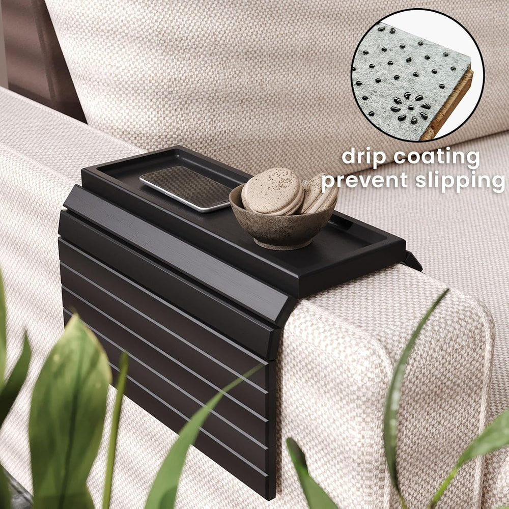 2 Pack Bamboo Folding Sofa Arm Tray with Anti-Slip Pad (Black) | Couch Armres...